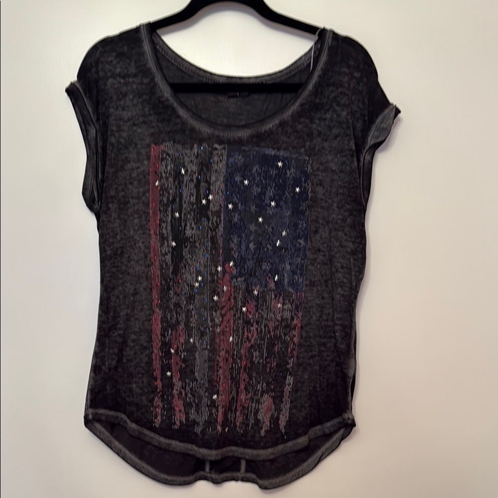 Rock & Republic Gray Graphic American Flag Cap Sleeve Tee